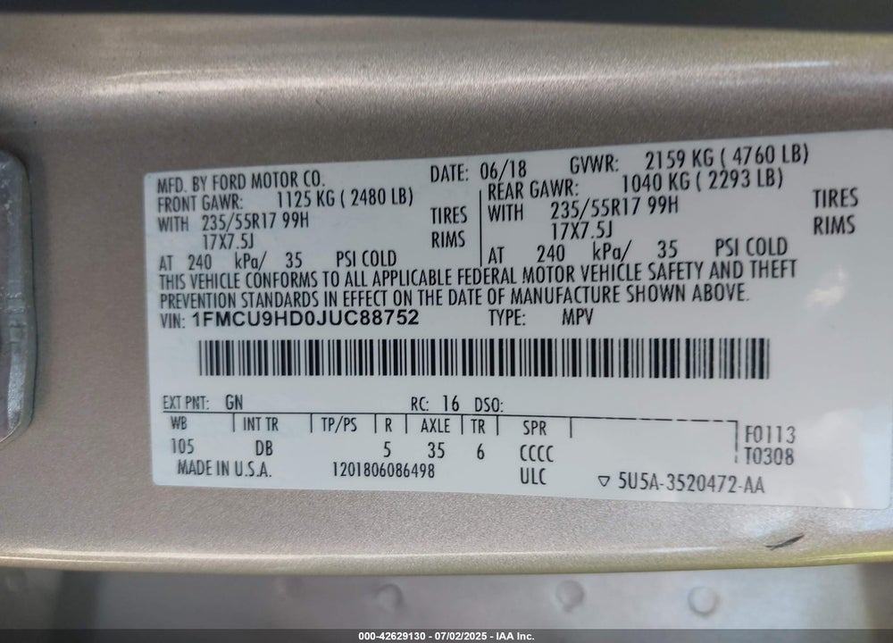 2018 FORD ESCAPE VIN: 1FMCU9HD0JUC88752