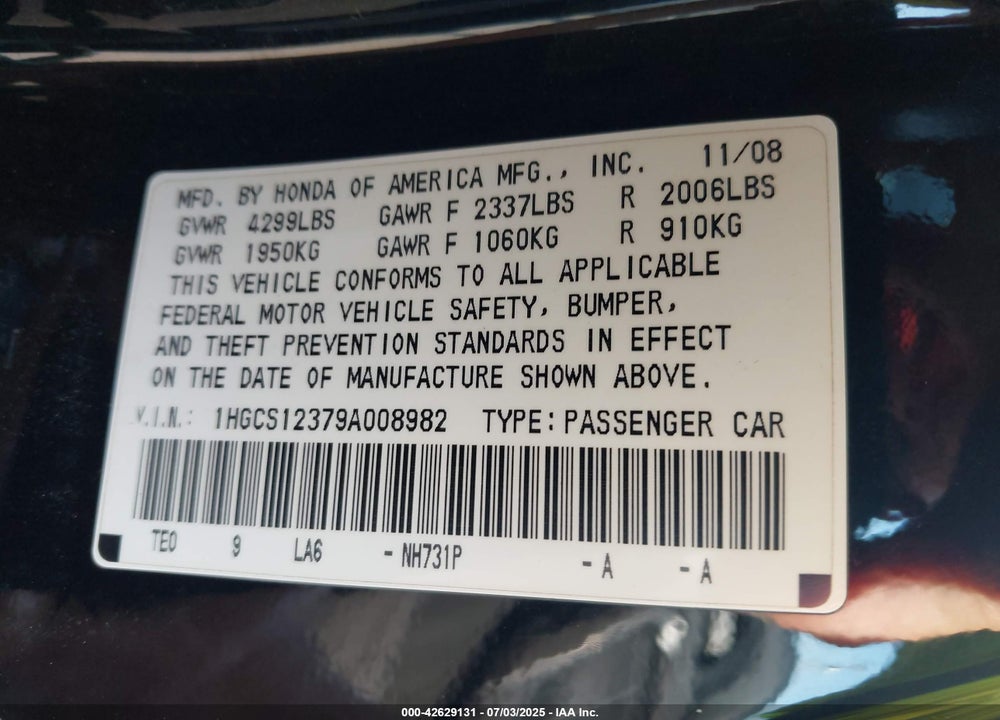 2009 HONDA ACCORD VIN: 1HGCS12379A008982
