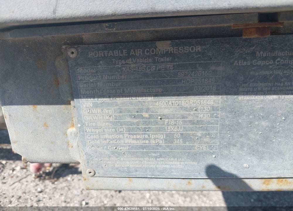2016 ATLAS COPCO AIR COMPRESSOR VIN: 00000000HOP051849
