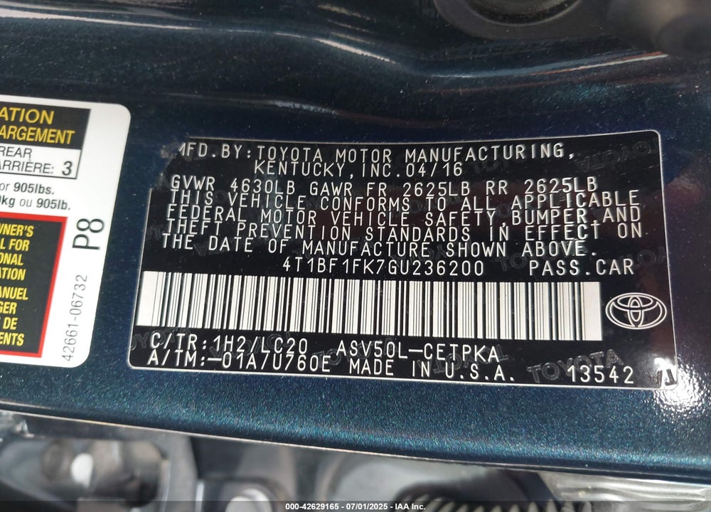2016 TOYOTA CAMRY VIN: 4T1BF1FK7GU236200