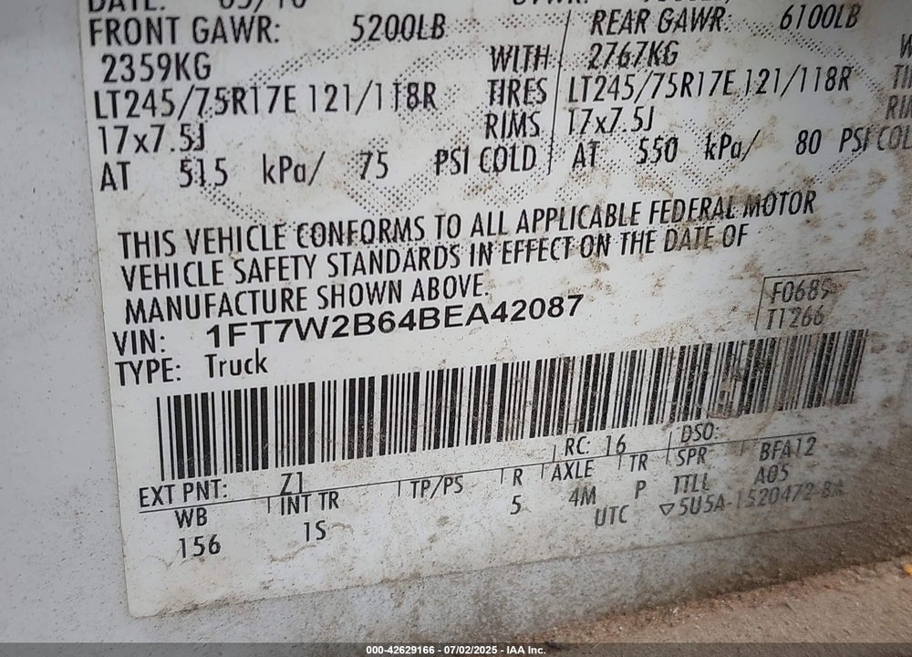 2011 FORD F-250 XL VIN: 1FT7W2B64BEA42087