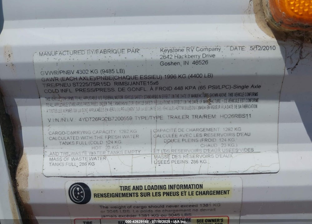 2011 KEYSTONE OTHER VIN: 4YDT26R22B7200559