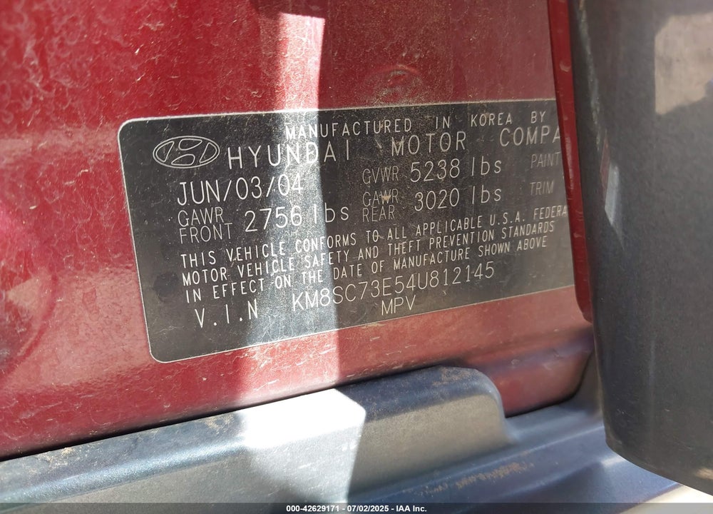 2004 HYUNDAI SANTA FE GLS/LX VIN: KM8SC73E54U812145