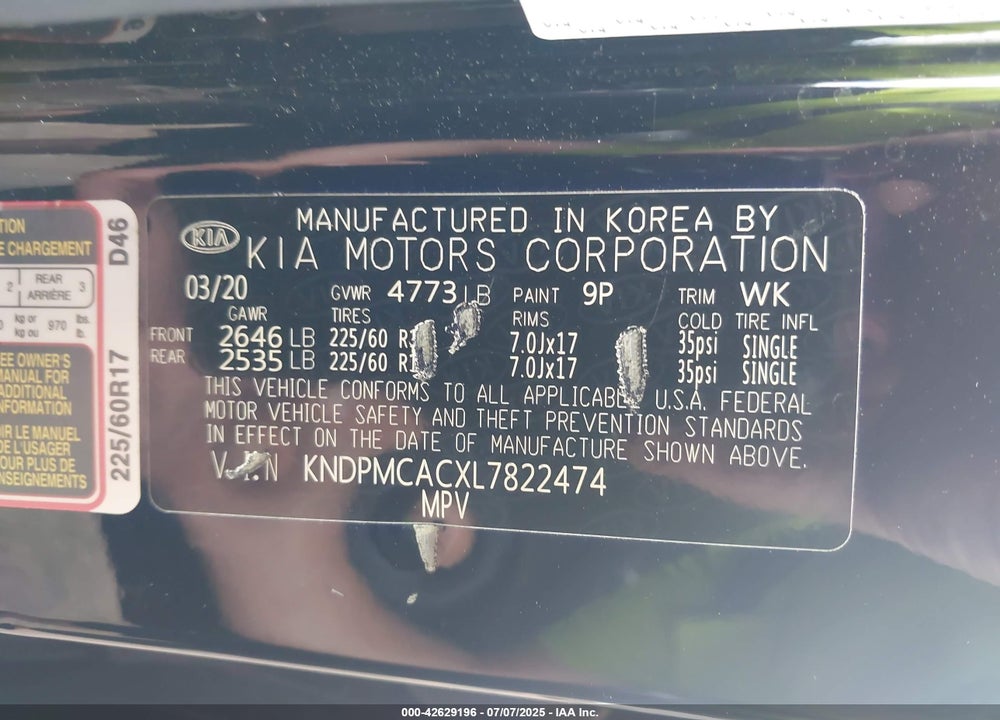 2020 KIA SPORTAGE VIN: KNDPMCACXL7822474