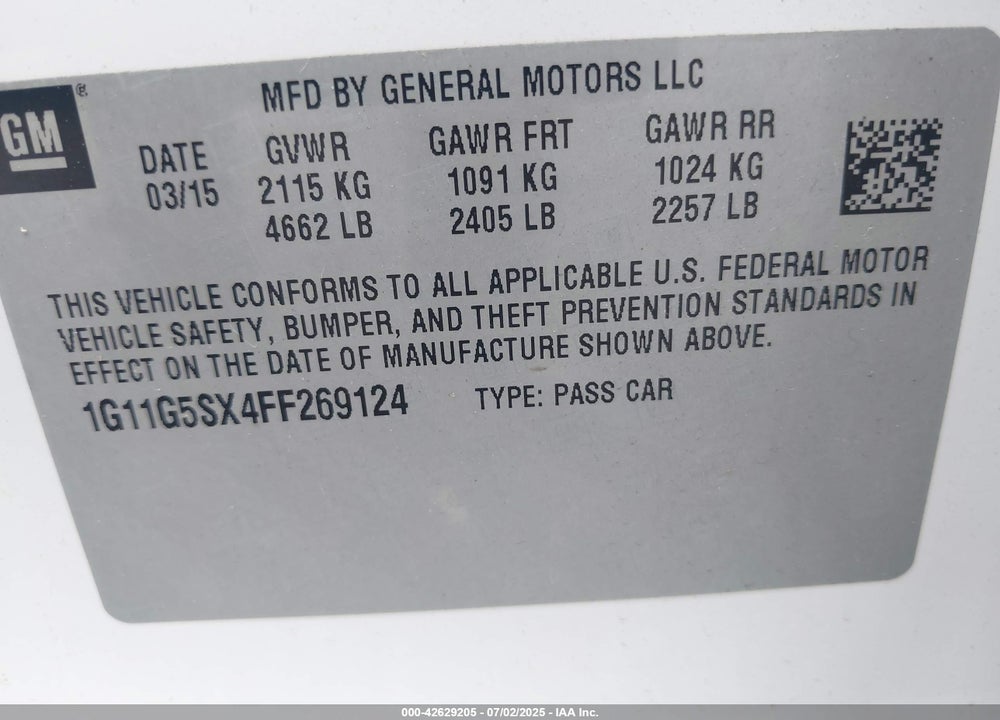 2015 CHEVROLET MALIBU 2LZ VIN: 1G11G5SX4FF269124