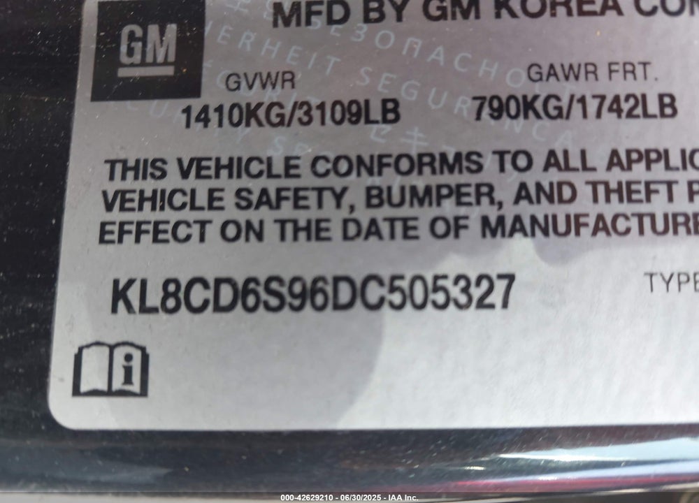 2013 CHEVROLET SPARK VIN: KL8CD6S96DC505327