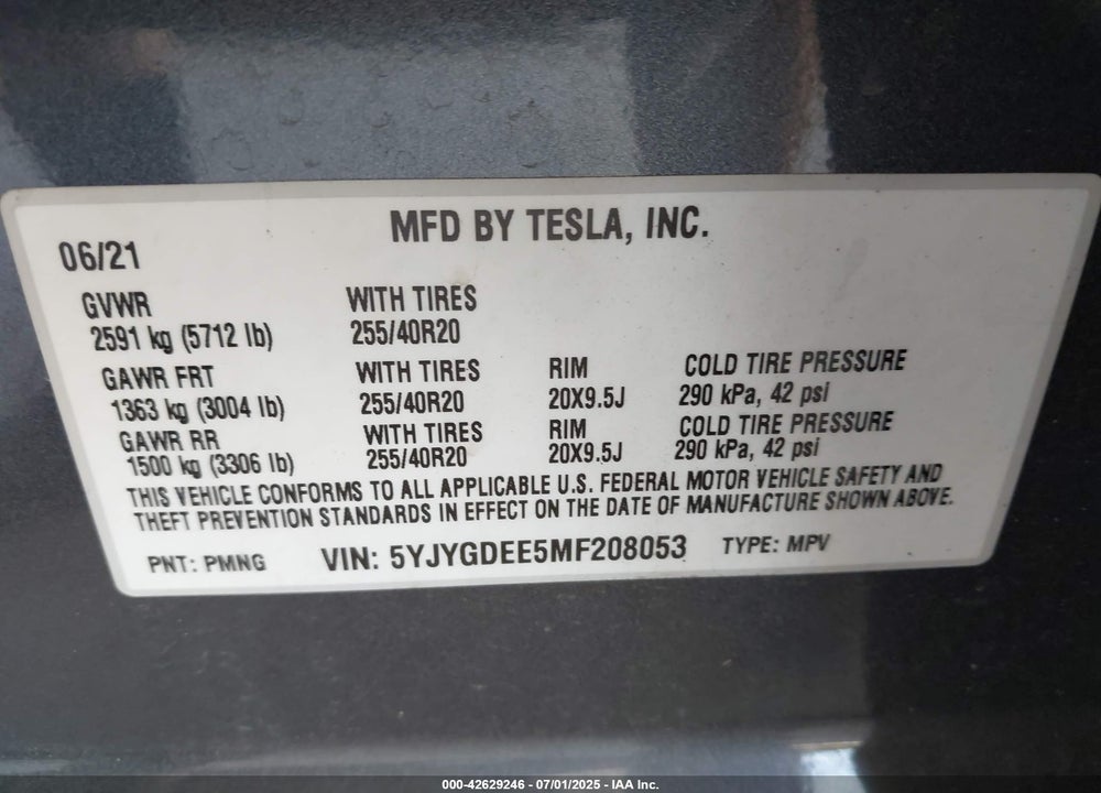 2021 TESLA MODEL Y VIN: 5YJYGDEE5MF208053