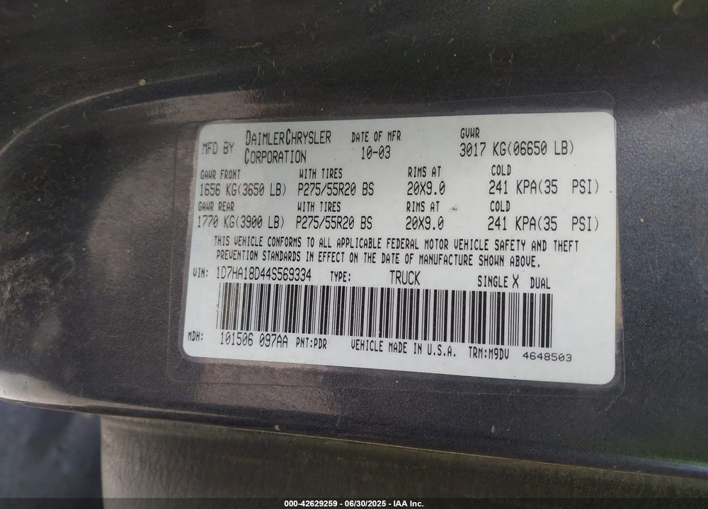 2004 DODGE RAM 1500 SLT/LARAMIE VIN: 1D7HA18D44S569334