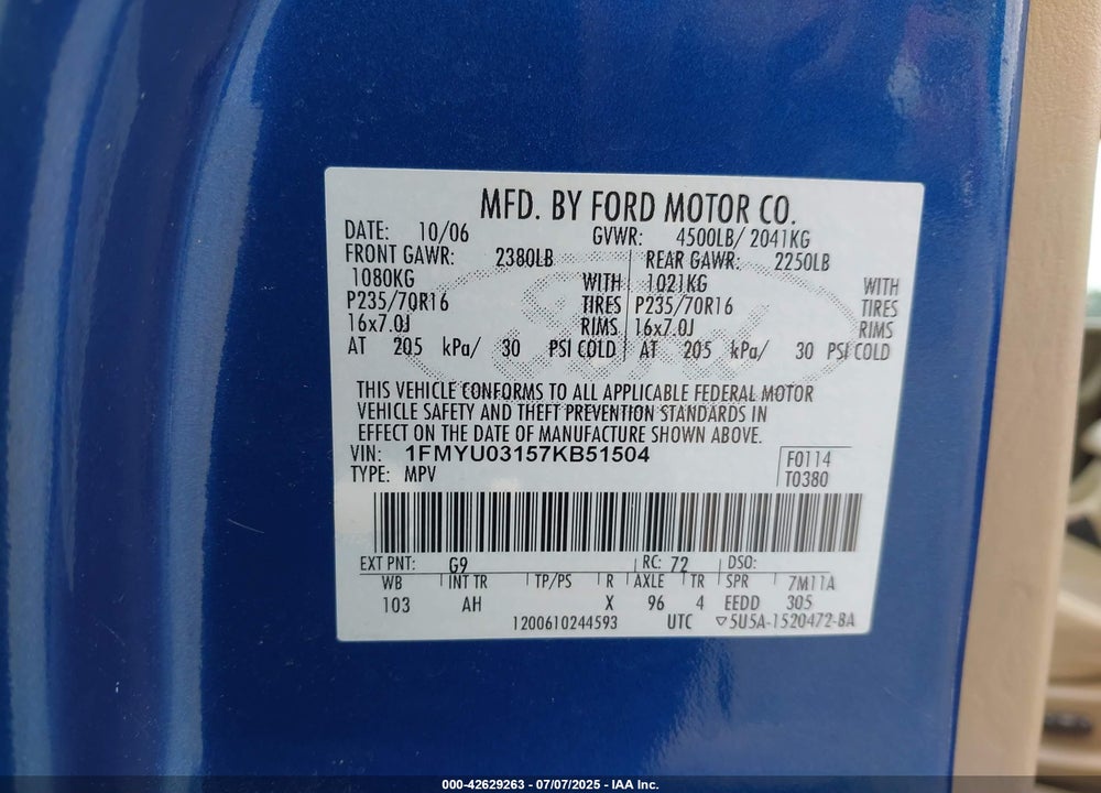 2007 FORD ESCAPE VIN: 1FMYU03157KB51504