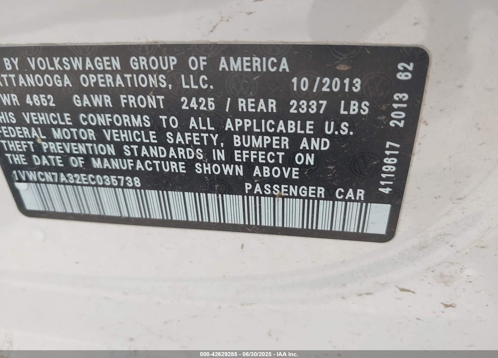 2014 VOLKSWAGEN PASSAT VIN: 1VWCN7A32EC035738