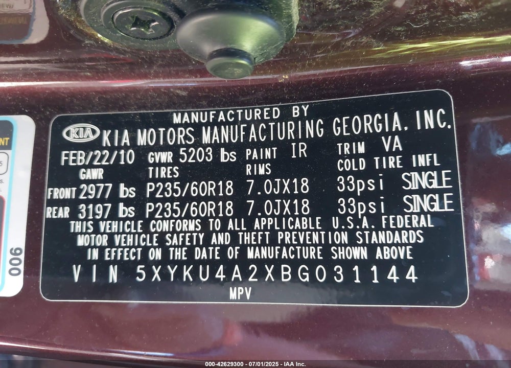 2011 KIA SORENTO VIN: 5XYKU4A2XBG031144