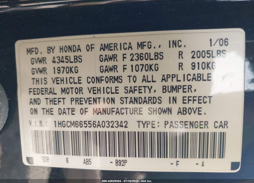 2006 HONDA ACCORD VIN: 1HGCM66556A032342