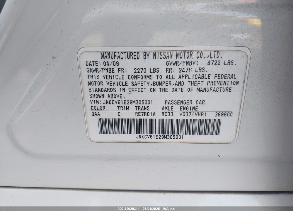 2009 INFINITI G37 VIN: JNKCV61E29M305001