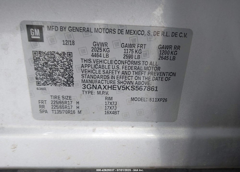 2019 CHEVROLET EQUINOX VIN: 3GNAXHEV5KS567861