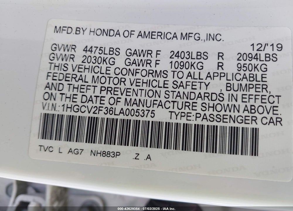 2020 HONDA ACCORD SPORT 2.0T VIN: 1HGCV2F36LA005375