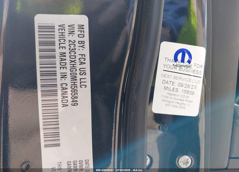 2021 DODGE CHARGER VIN: 2C3CDXHG0MH565849
