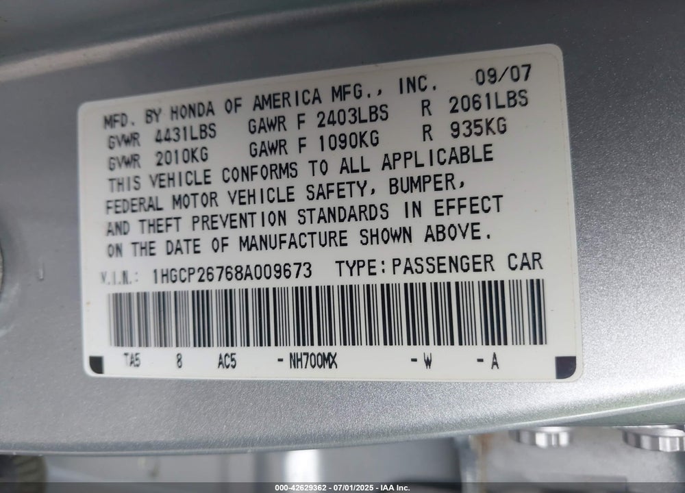 2008 HONDA ACCORD VIN: 1HGCP26768A009673
