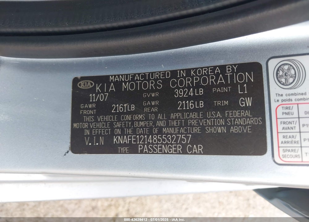 2008 KIA SPECTRA VIN: KNAFE121485532757