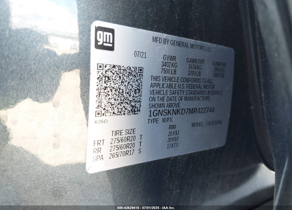 2021 CHEVROLET TAHOE VIN: 1GNSKNKD7MR422744