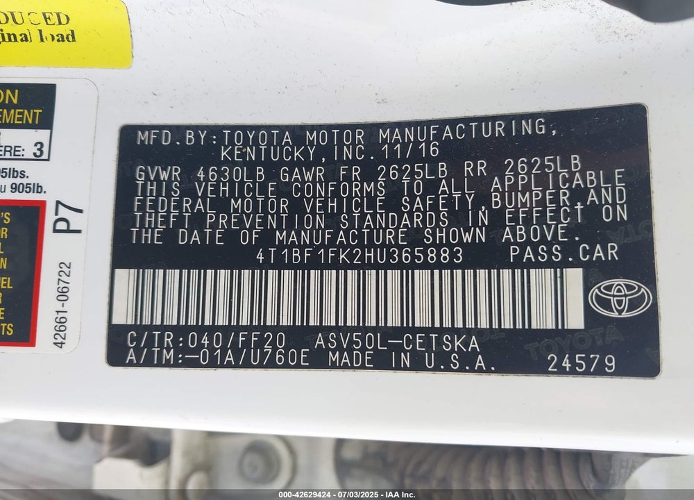 2017 TOYOTA CAMRY VIN: 4T1BF1FK2HU365883