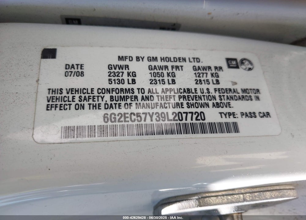 2009 PONTIAC G8 GT VIN: 6G2EC57Y39L207720