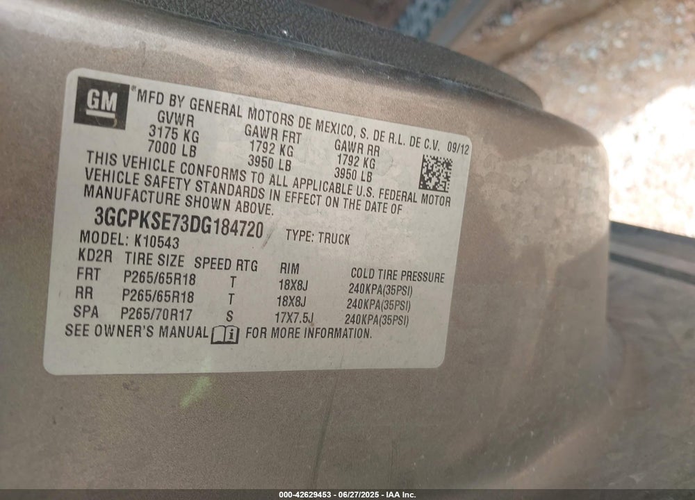 2013 CHEVROLET SILVERADO 1500 VIN: 3GCPKSE73DG184720