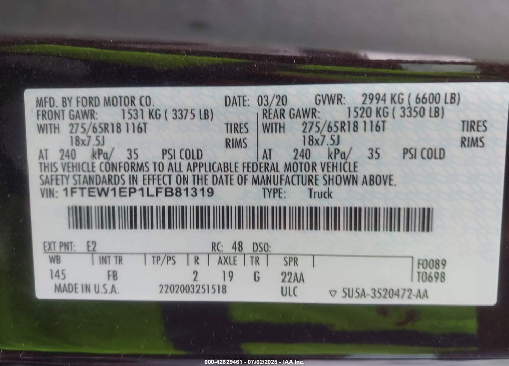 2020 FORD F-150 VIN: 1FTEW1EP1LFB81319