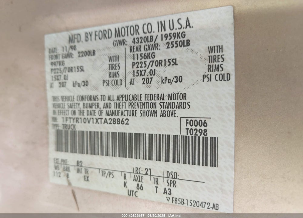 1999 FORD RANGER XL/XLT VIN: 1FTYR10V1XTA28862