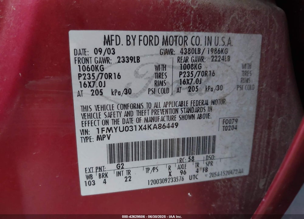 2004 FORD ESCAPE XLT VIN: 1FMYU031X4KA86449