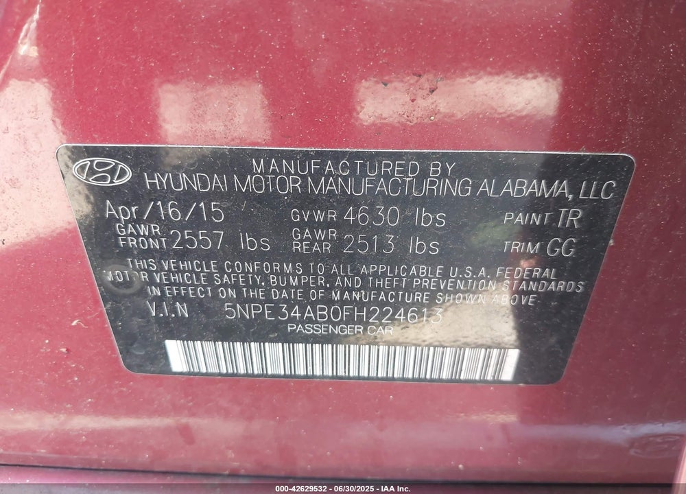 2015 HYUNDAI SONATA VIN: 5NPE34AB0FH224613