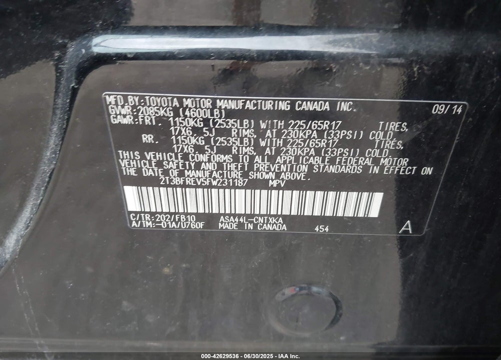 2015 TOYOTA RAV4 LE VIN: 2T3BFREV5FW231187