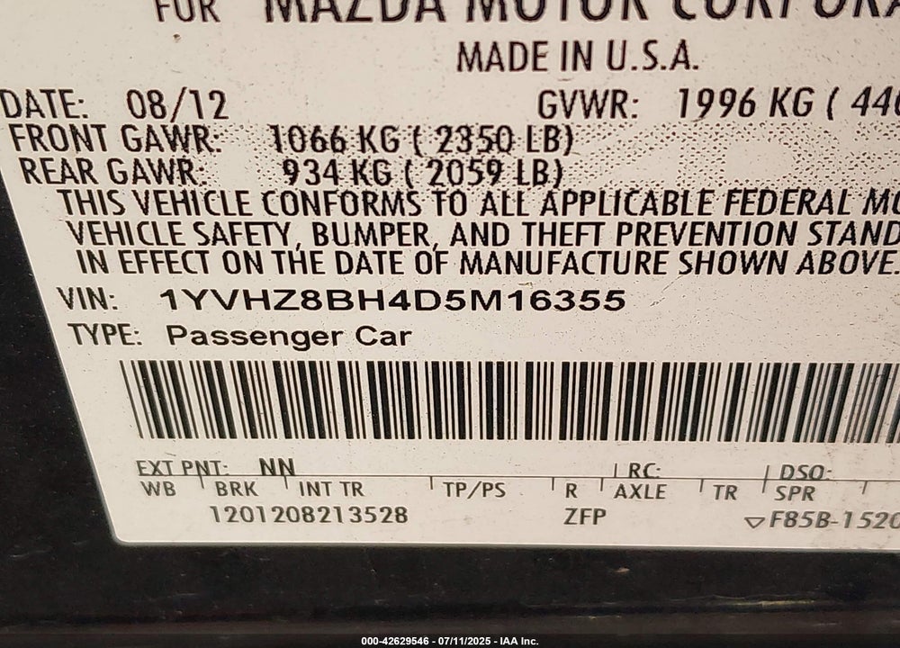 2013 MAZDA 6 VIN: 1YVHZ8BH4D5M16355