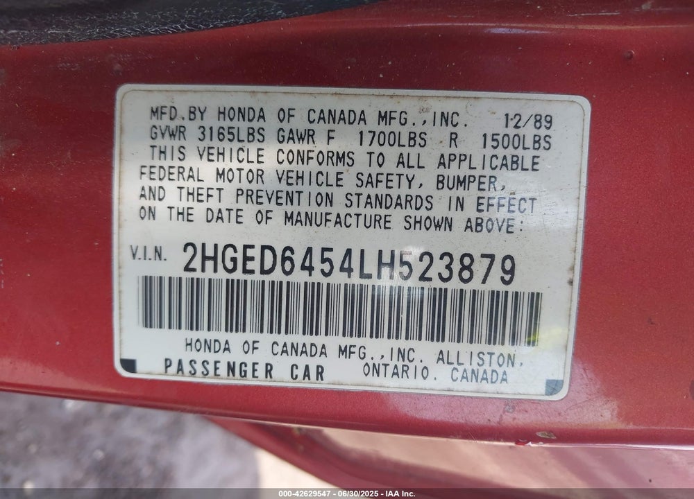 1990 HONDA CIVIC DX VIN: 2HGED6454LH523879