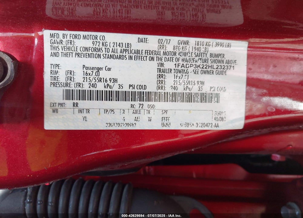 2017 FORD FOCUS VIN: 1FADP3K22HL232371