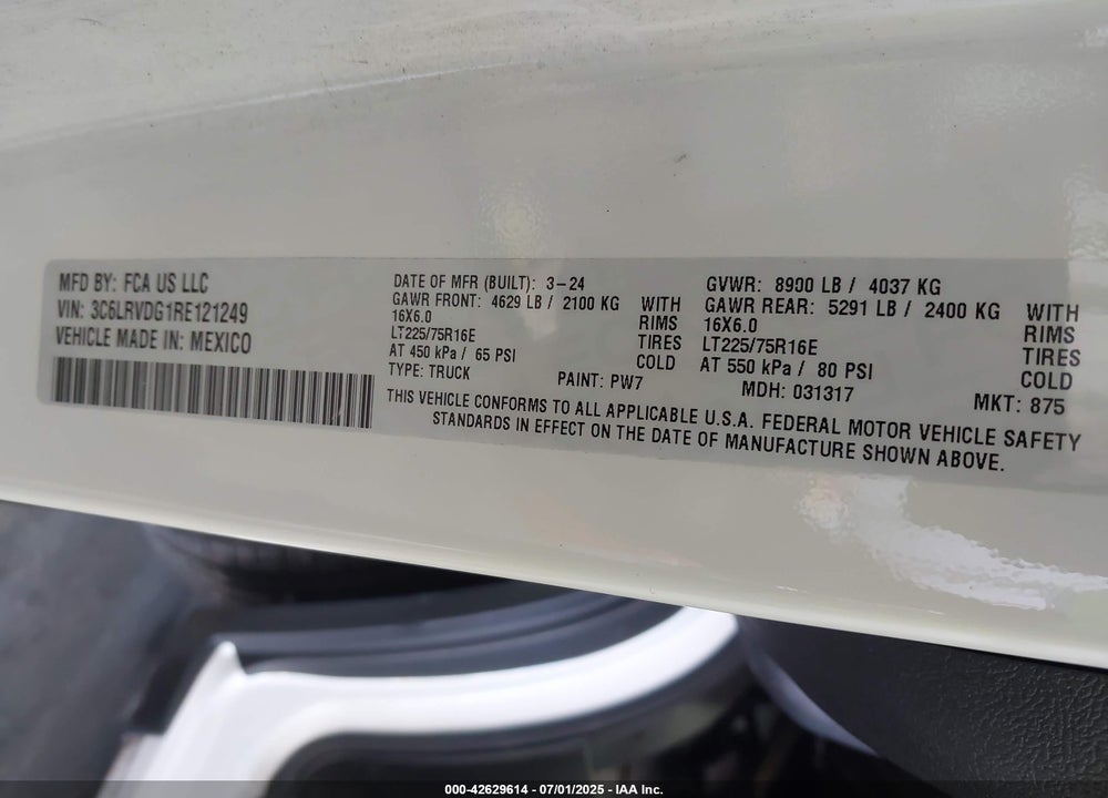 2024 RAM PROMASTER 2500 TRADESMAN HIGH ROOF 159 WB W/PASS SEAT VIN: 3C6LRVDG1RE121249