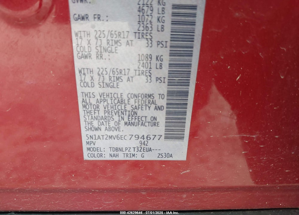 2014 NISSAN ROGUE VIN: 5N1AT2MV6EC794677