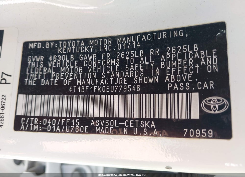 2014 TOYOTA CAMRY VIN: 4T1BF1FK0EU779546