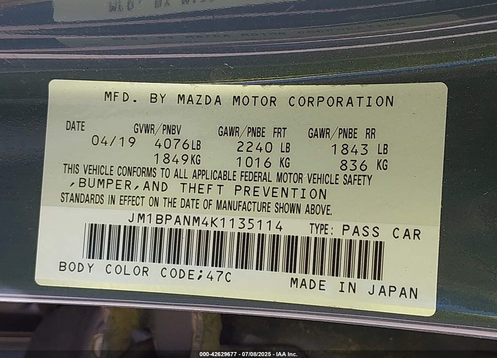 2019 MAZDA 3 VIN: JM1BPANM4K1135114