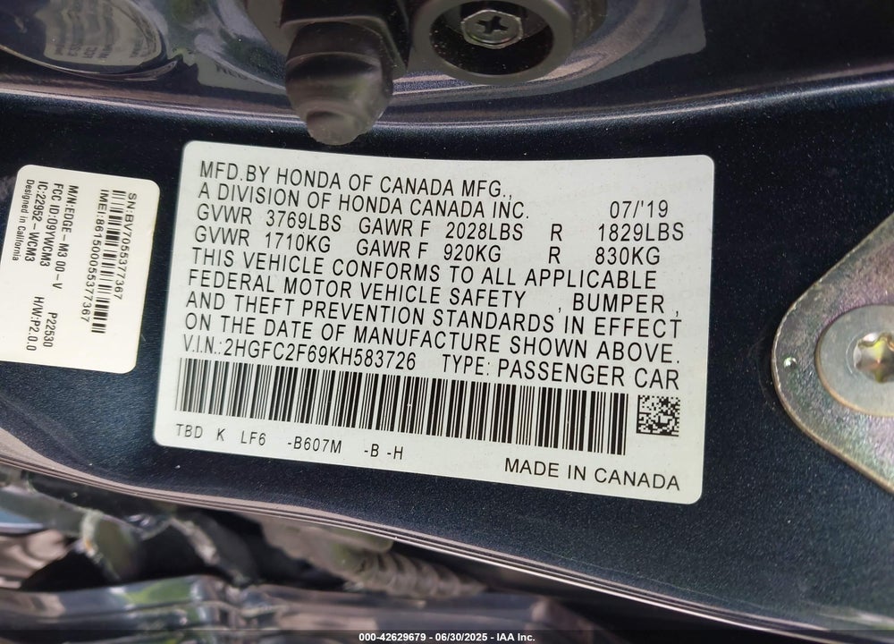 2019 HONDA CIVIC VIN: 2HGFC2F69KH583726