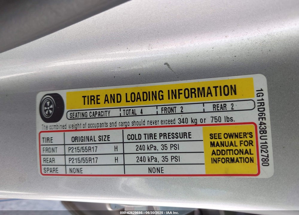 2011 CHEVROLET VOLT VIN: 1G1RD6E43BU102780