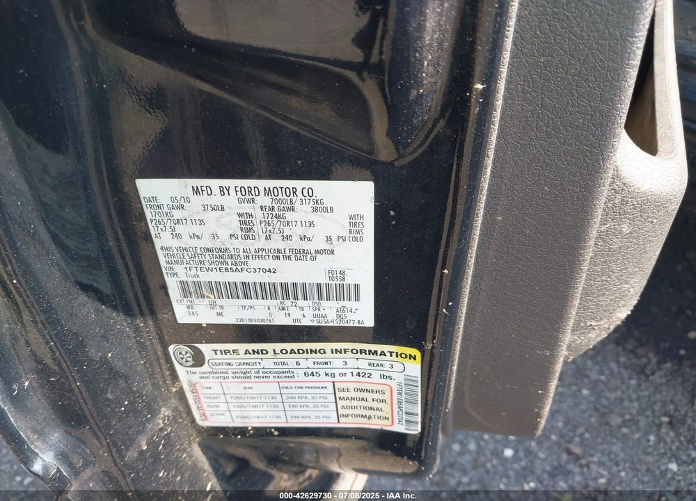 2010 FORD F-150 VIN: 1FTEW1E85AFC37042