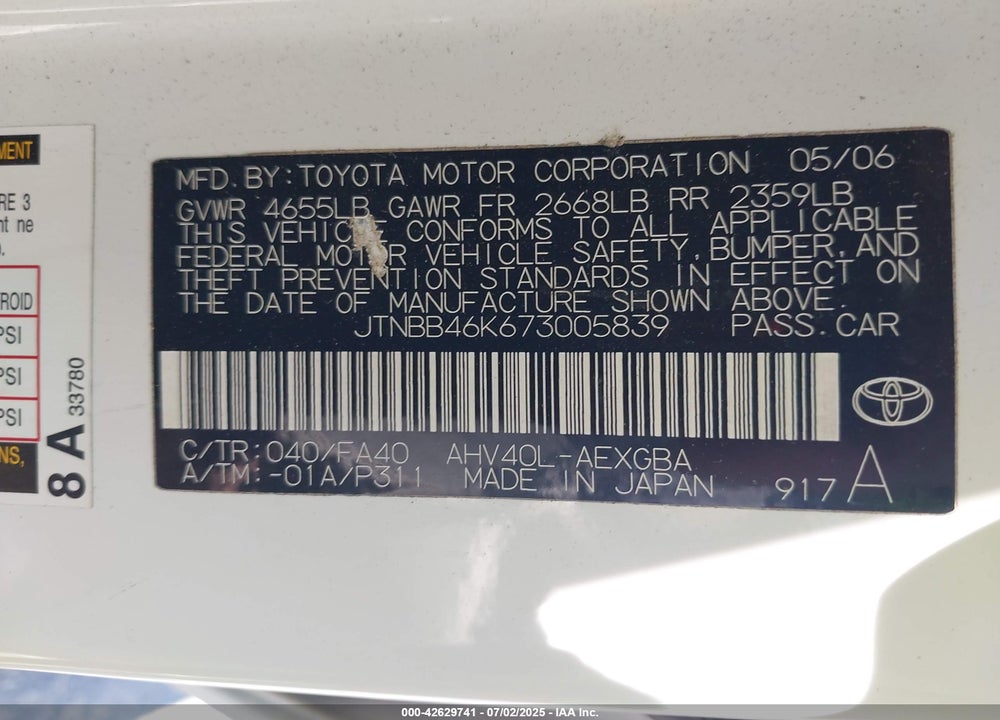 2007 TOYOTA CAMRY HYBRID VIN: JTNBB46K673005839