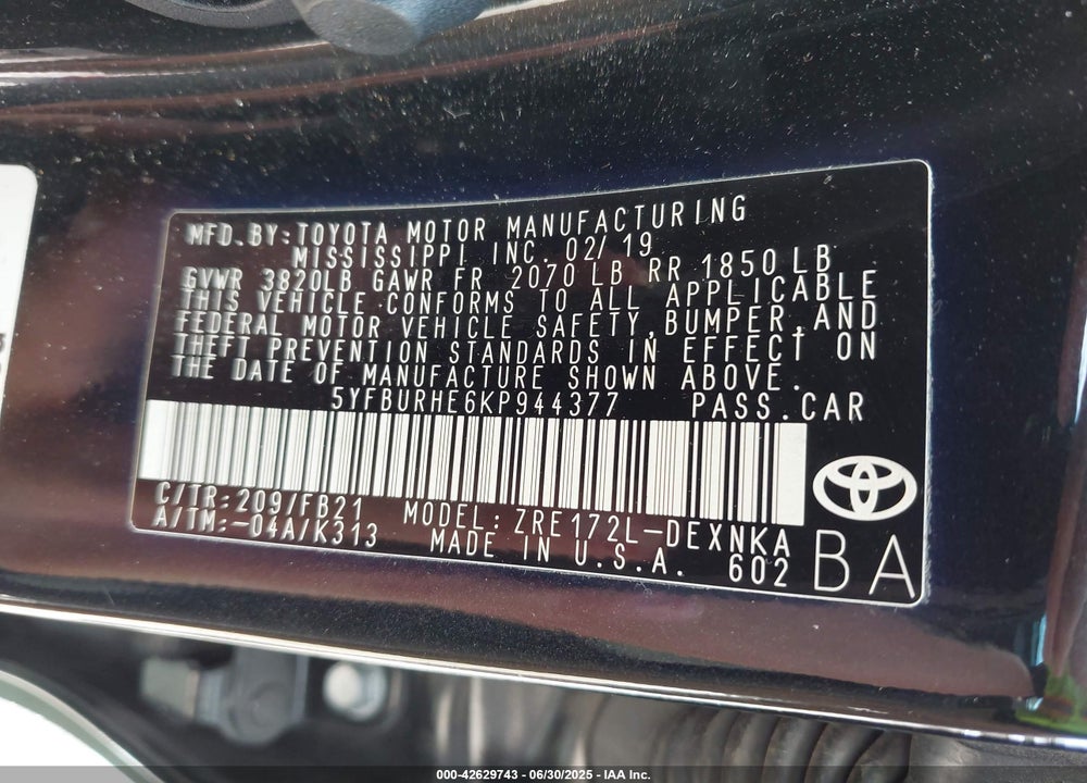 2019 TOYOTA COROLLA VIN: 5YFBURHE6KP944377