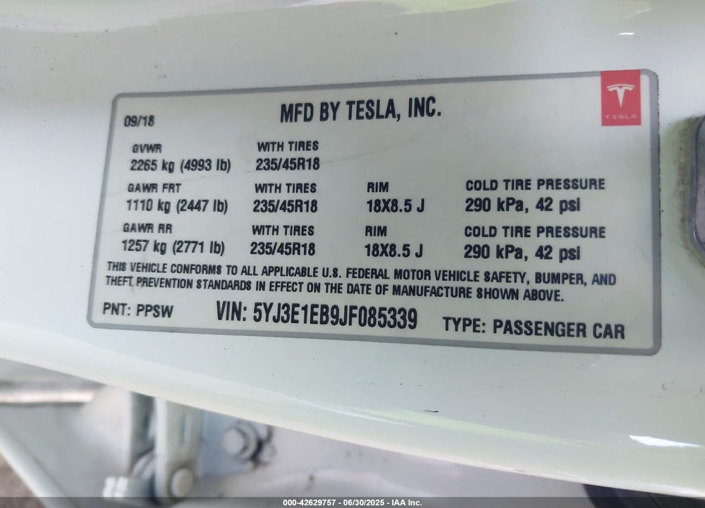 2018 TESLA MODEL 3 VIN: 5YJ3E1EB9JF085339