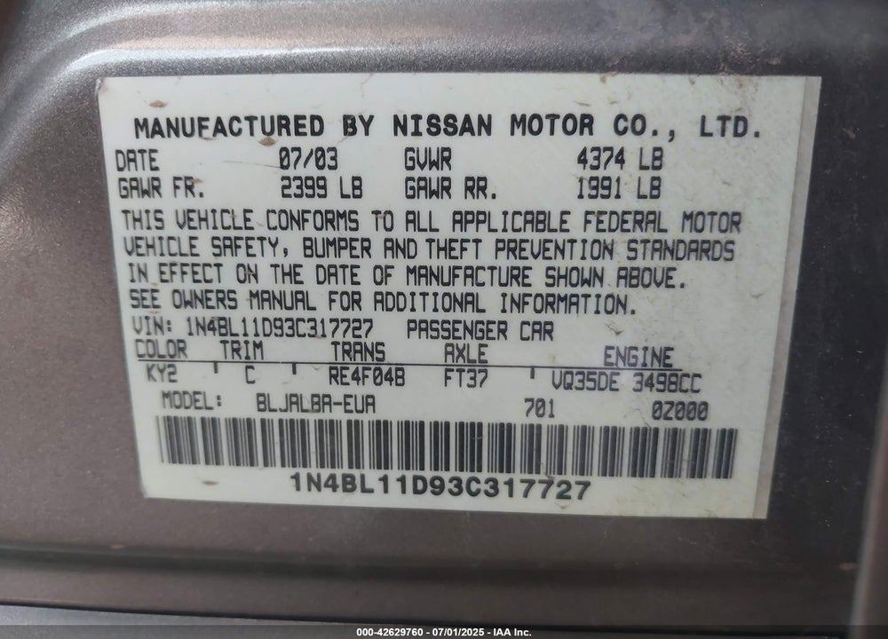 2003 NISSAN ALTIMA VIN: 1N4BL11D93C317727