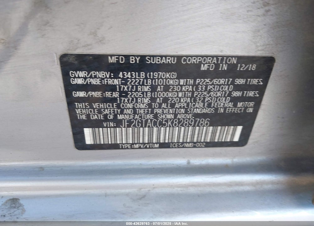 2019 SUBARU CROSSTREK 2.0I PREMIUM VIN: JF2GTACC5K8289786