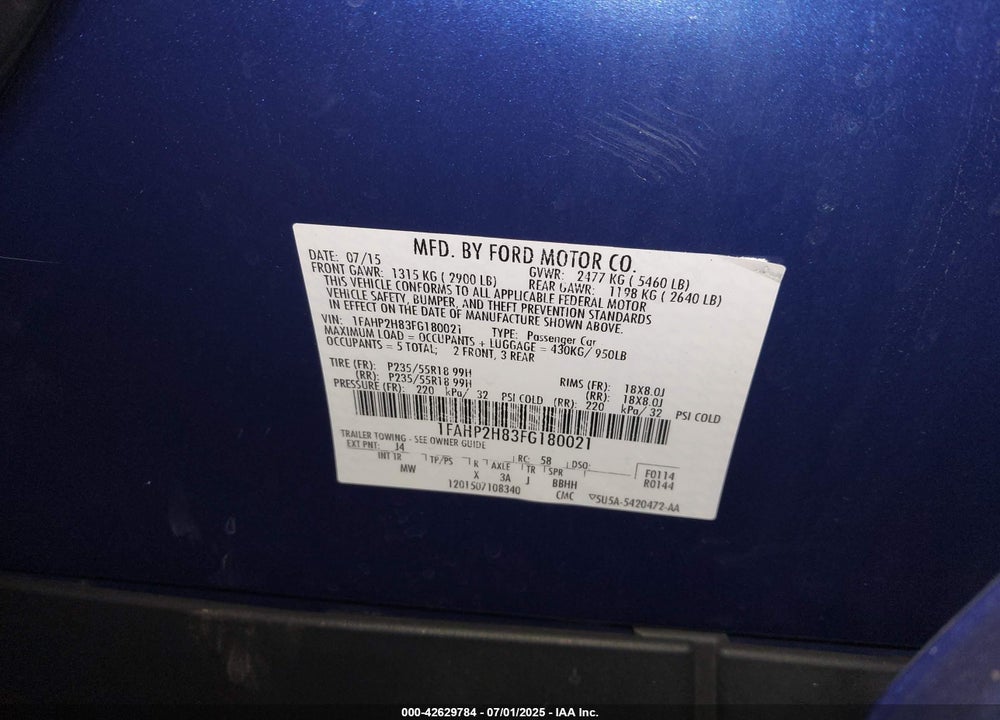 2015 FORD TAURUS VIN: 1FAHP2H83FG180021