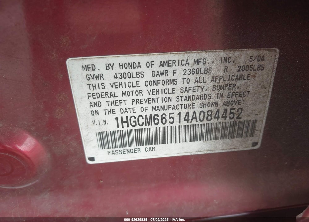 2004 HONDA ACCORD 3.0 EX VIN: 1HGCM66514A084452