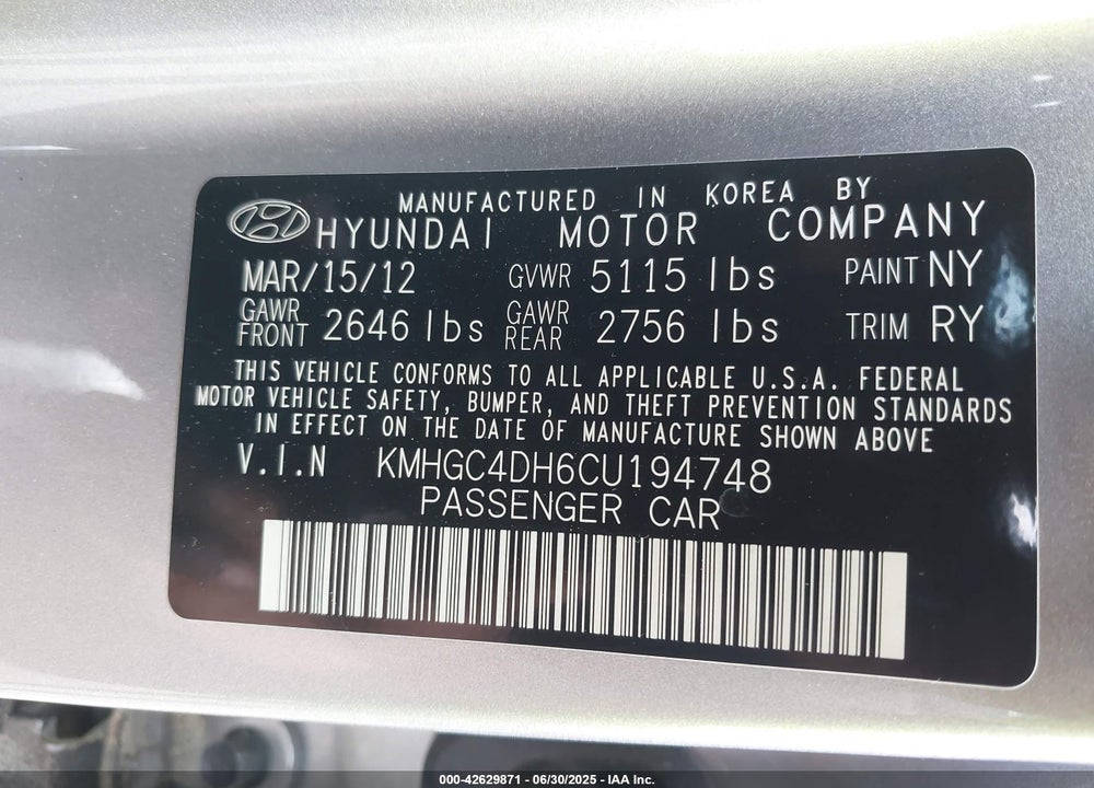 2012 HYUNDAI GENESIS VIN: KMHGC4DH6CU194748