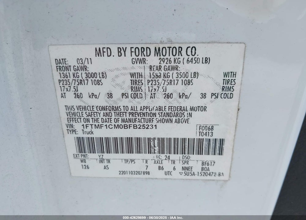 2011 FORD F-150 VIN: 1FTMF1CM0BFB25231